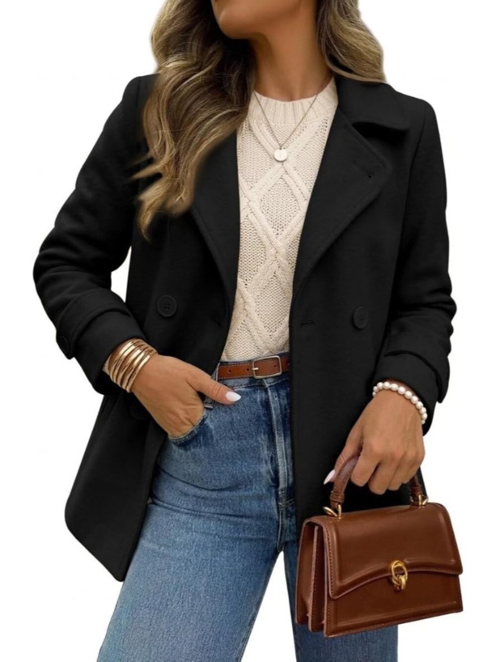Women's Black Winter Wool Long Sleeve With Strap Double Breasted Trench Coats